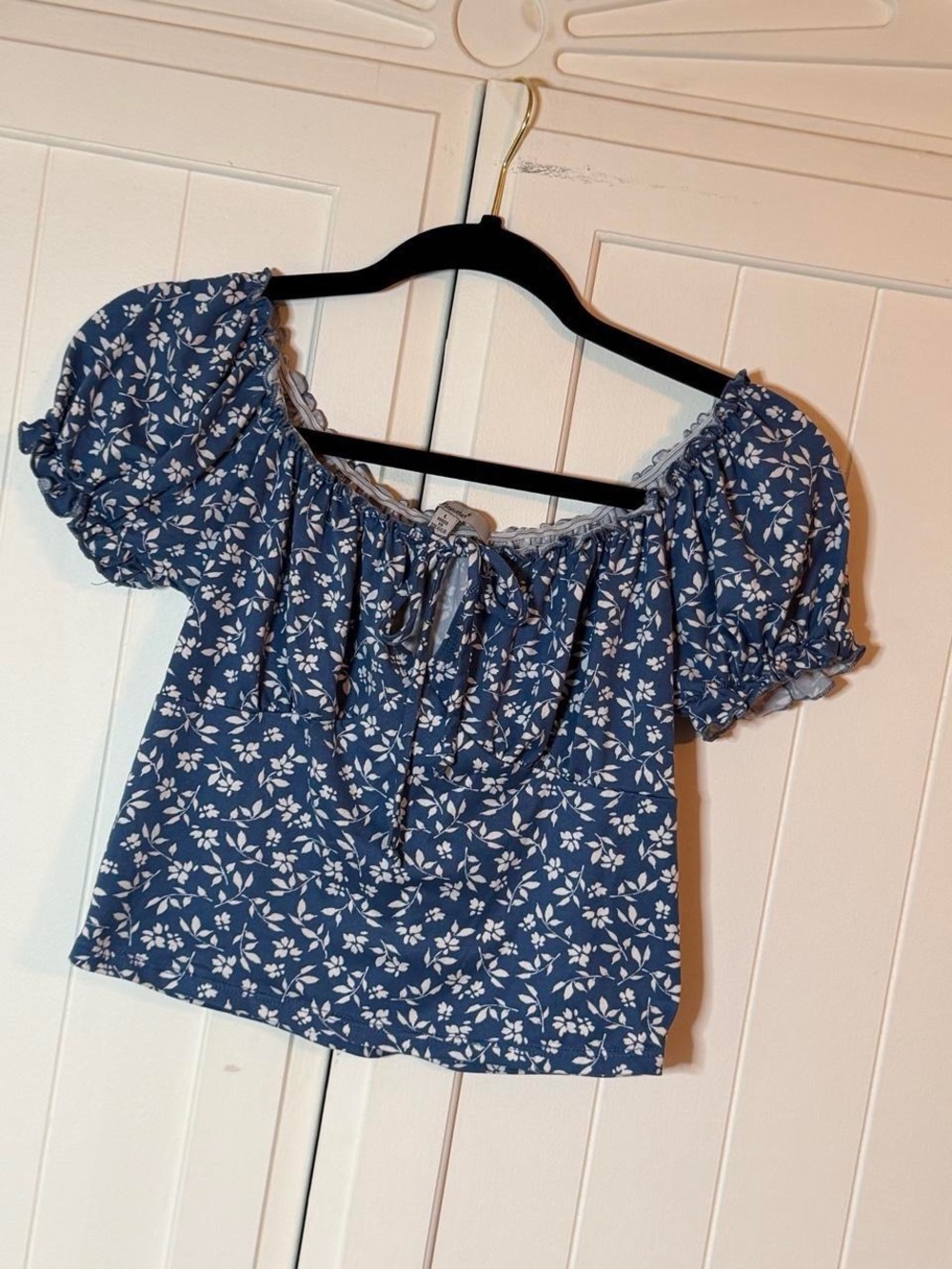 Papaya Blue Floral Puff-Sleeve Crop Top